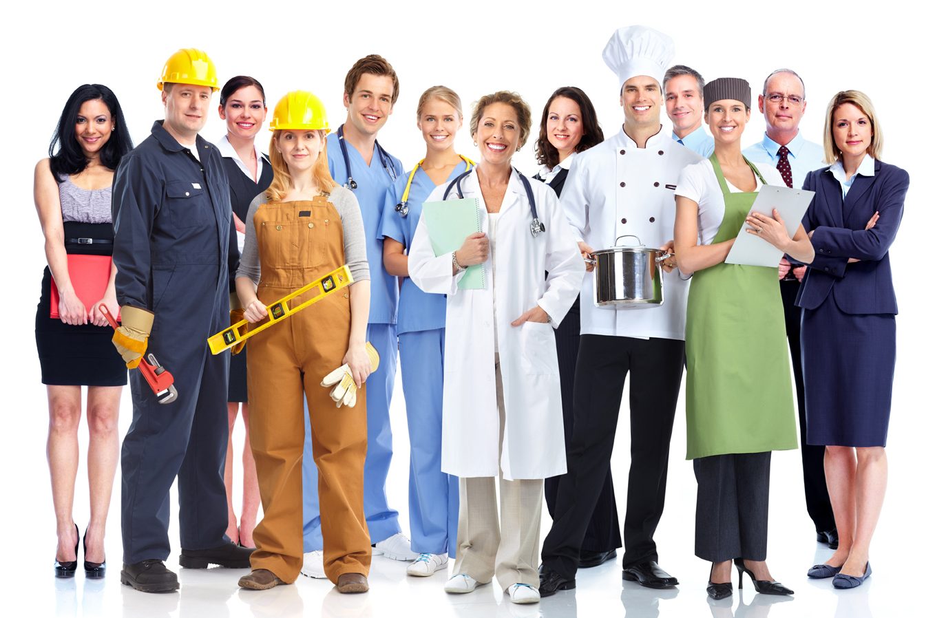 Equipos de distintos sectores vistiendo uniformes Sobremedidas: administrativo, operario, salud y servicio